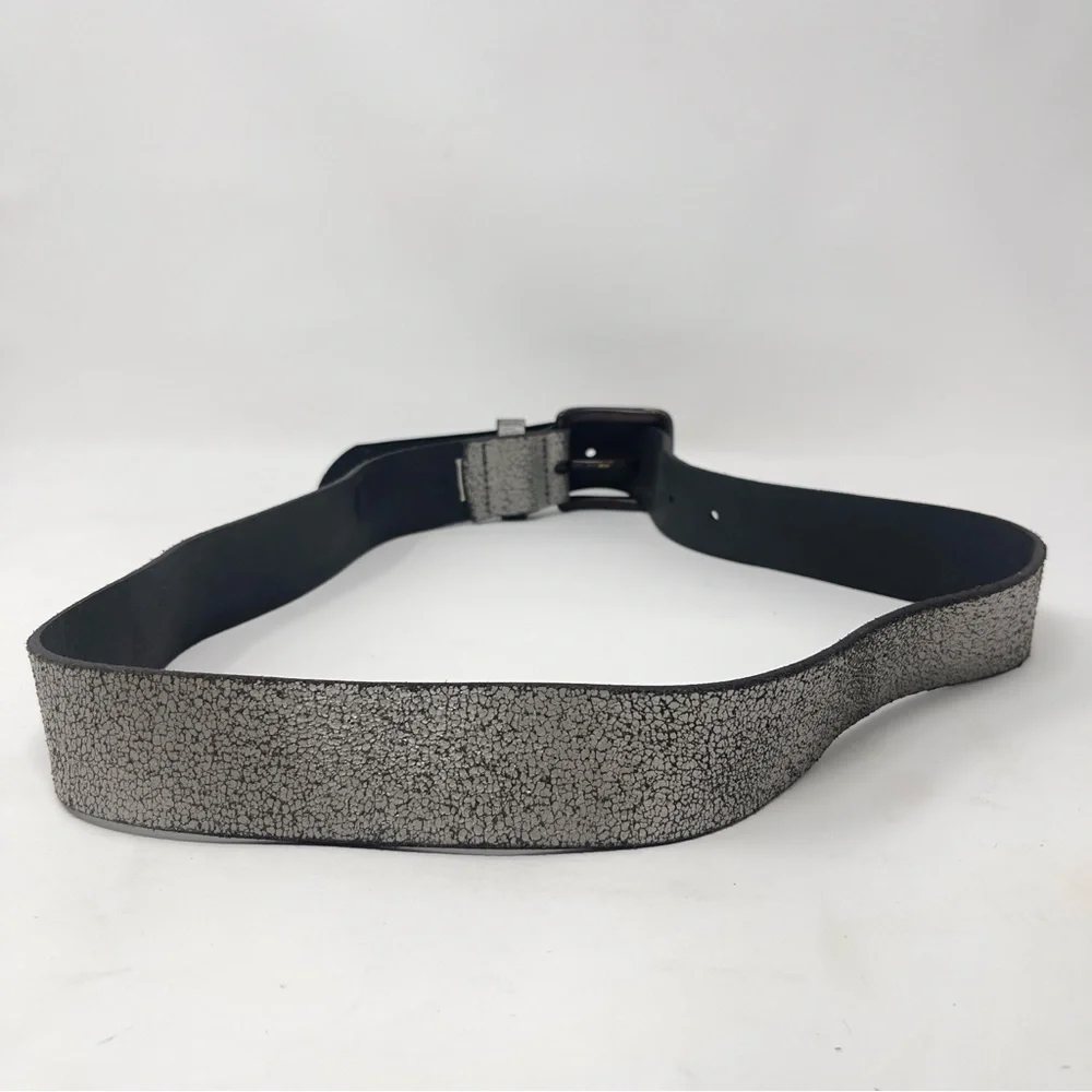 Vintage Old Navy Silver Crackle Metalic Leather‎ Belt, Dark Buckle Grunge